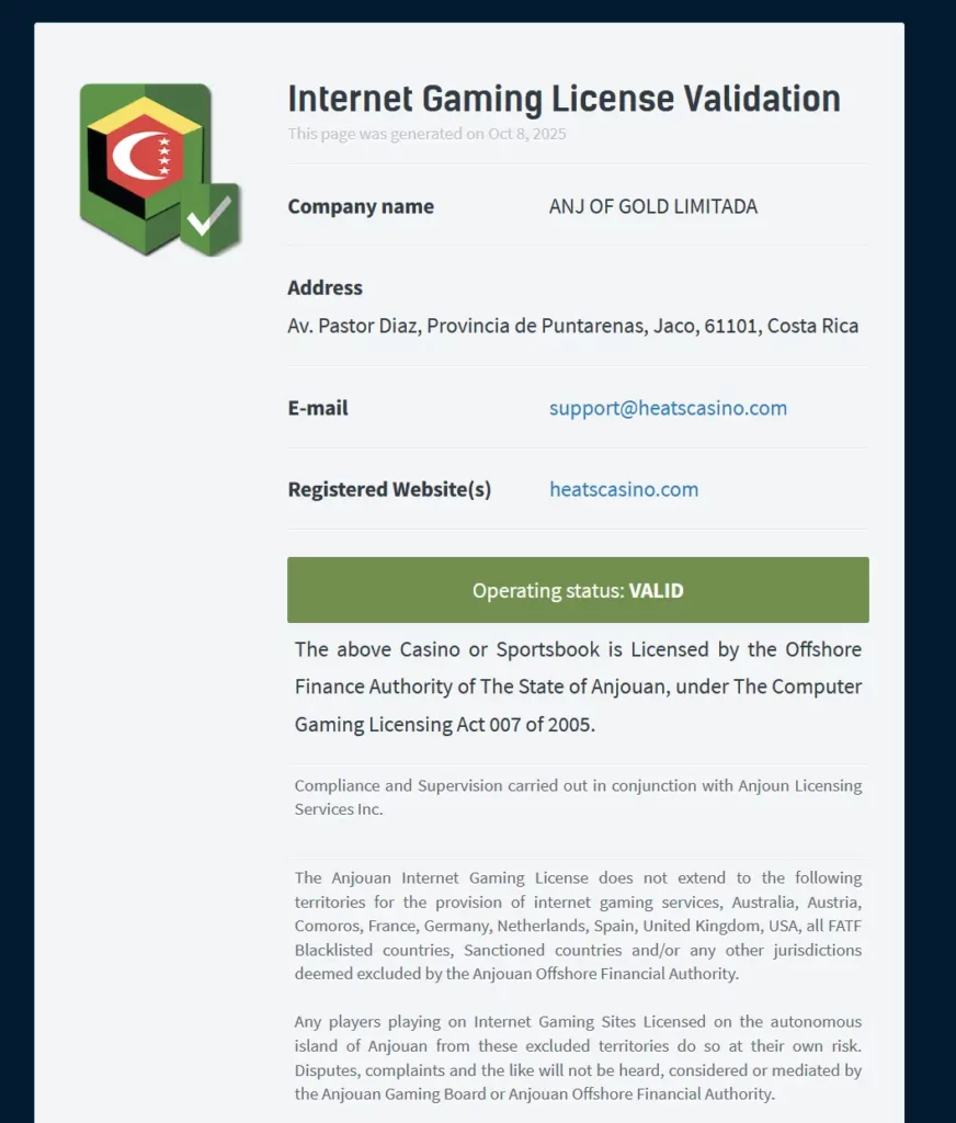Heats Casino licensing information.