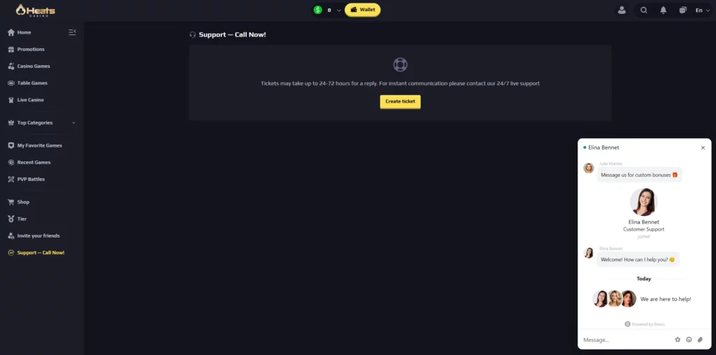 Contact support team on Heat Casino.
