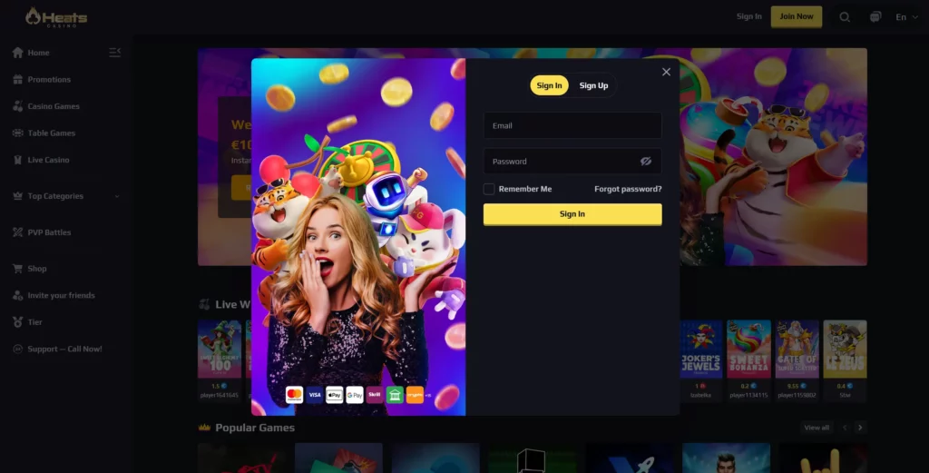 Heat Casino login form.