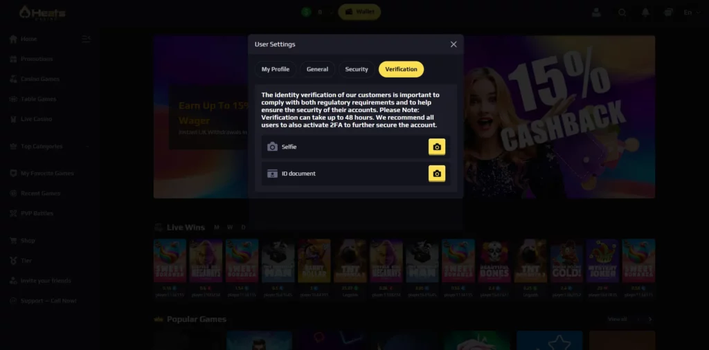 Heat Casino account verification.